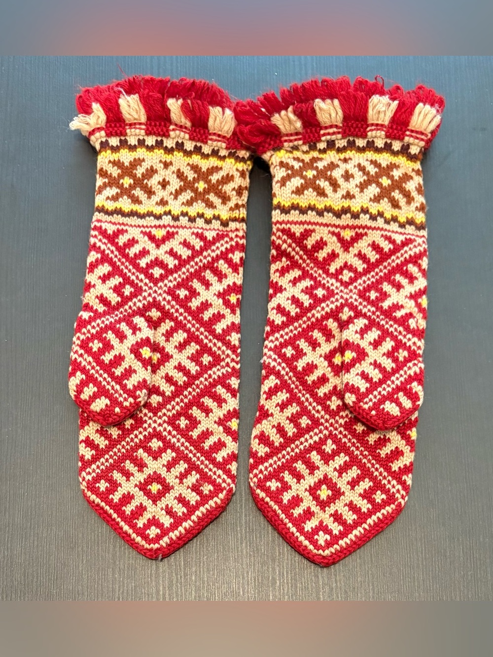 Hand knitted warm Latvian traditional winter mittens in red and yellow- New - Picture 2 of 3
